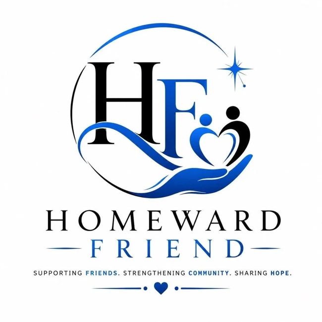 Homeward Friend logo: blue and black HF lettering with a hand supporting two people and a heart.